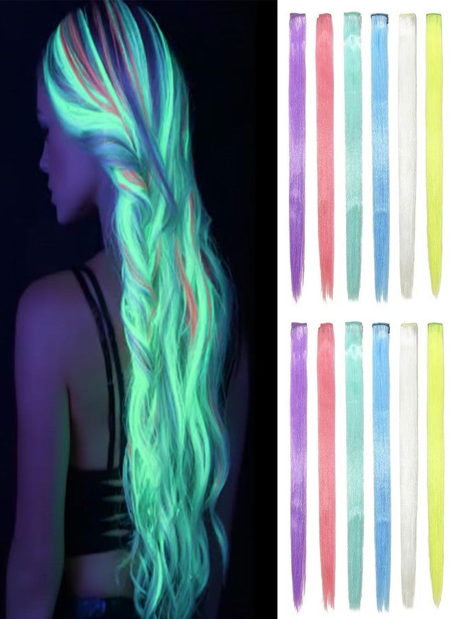 EXTACIO Clip in Glow in the Dark Hair Extensions 12pcs/Pack Synthetic Clip in Luminous Hairpieces 6 Colors Mixed for Party Holiday - Image 1